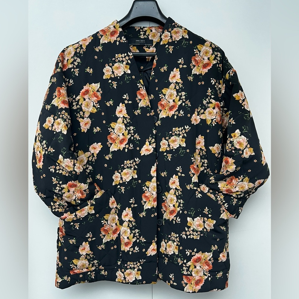 ZARA | Black Quilted Peach & Cream Floral filled Jacket - Picture 8 of 16